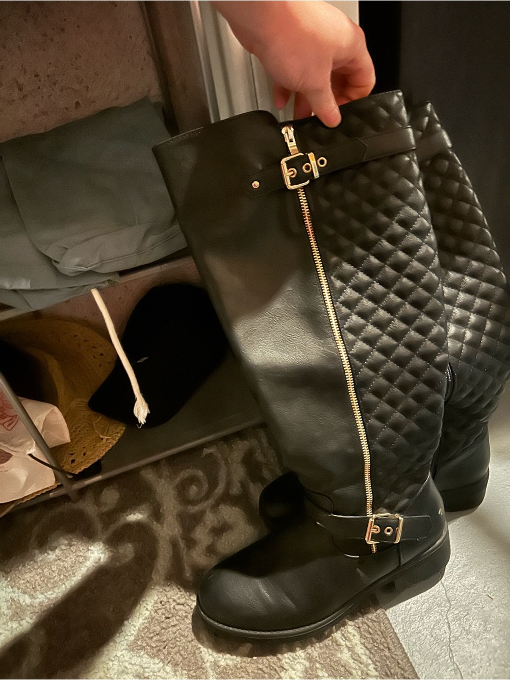SHEIN Black Quilted Over-the-Knee Riding Boots with Gold Zipper